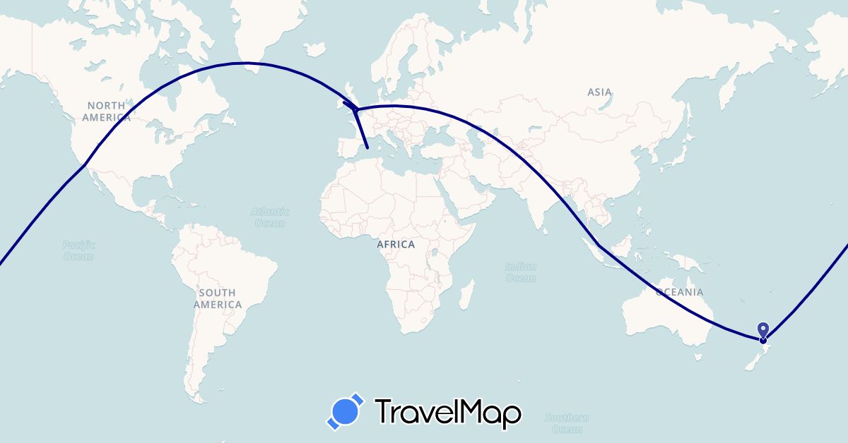 TravelMap itinerary: driving in Spain, United Kingdom, Ireland, New Zealand, Singapore, United States (Asia, Europe, North America, Oceania)